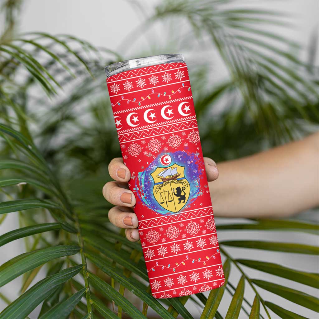 Tunisia Christmas Skinny Tumbler with Desert Camel Crescent Snowflake Pattern and National Emblem - Wonder Print Shop