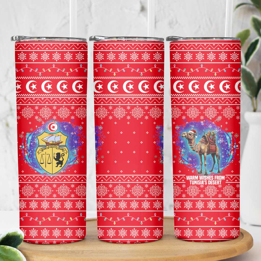 Tunisia Christmas Skinny Tumbler with Desert Camel Crescent Snowflake Pattern and National Emblem - Wonder Print Shop