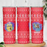 Tunisia Christmas Skinny Tumbler with Desert Camel Crescent Snowflake Pattern and National Emblem - Wonder Print Shop