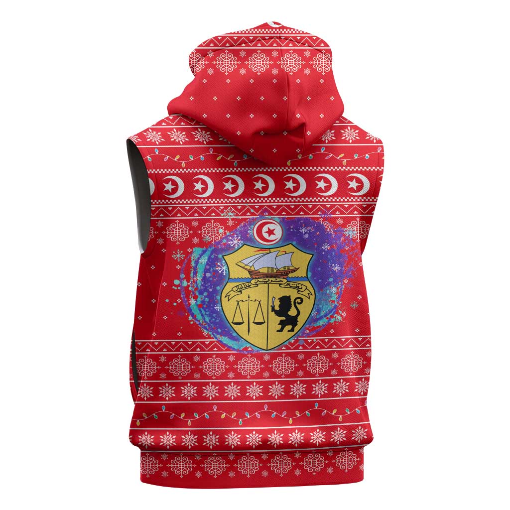 Tunisia Christmas Sleeveless Hoodie with Desert Camel Crescent Snowflake Pattern and National Emblem - Wonder Print Shop