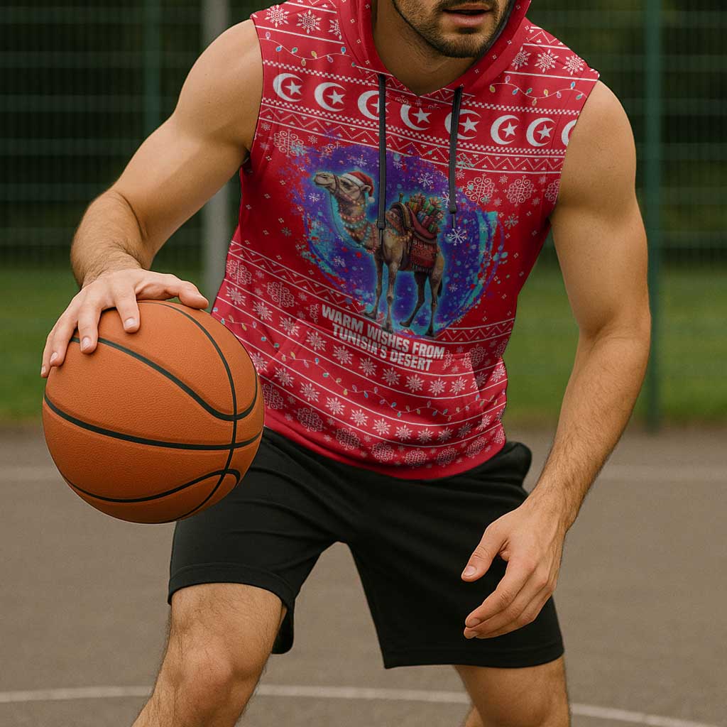 Tunisia Christmas Sleeveless Hoodie with Desert Camel Crescent Snowflake Pattern and National Emblem - Wonder Print Shop