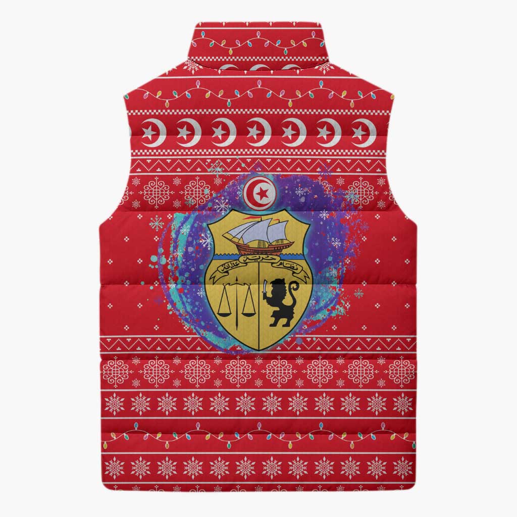 Tunisia Christmas Sleeveless Puffer Jacket with Desert Camel Crescent Snowflake Pattern and National Emblem - Wonder Print Shop