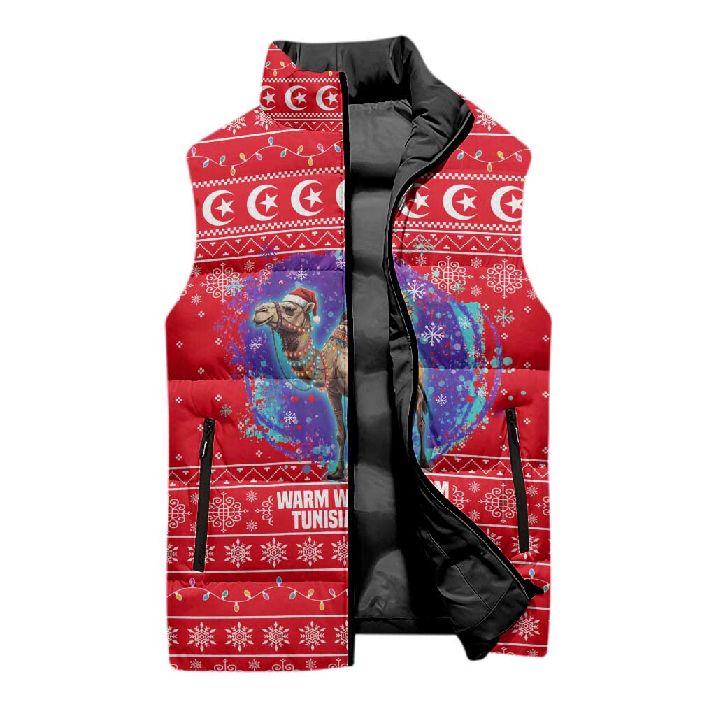 Tunisia Christmas Sleeveless Puffer Jacket with Desert Camel Crescent Snowflake Pattern and National Emblem - Wonder Print Shop