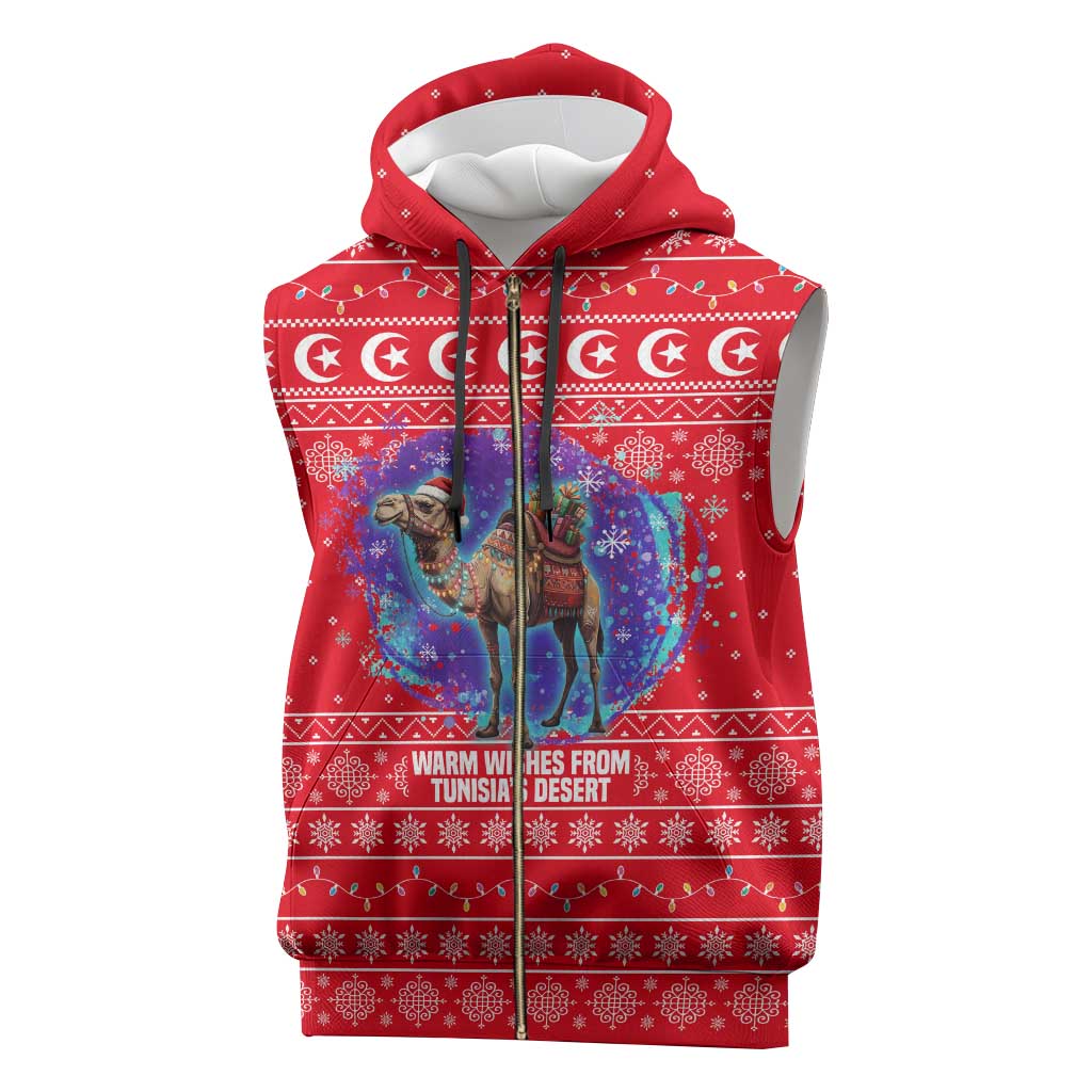 Tunisia Christmas Sleeveless Zip Hoodie with Desert Camel Crescent Snowflake Pattern and National Emblem - Wonder Print Shop