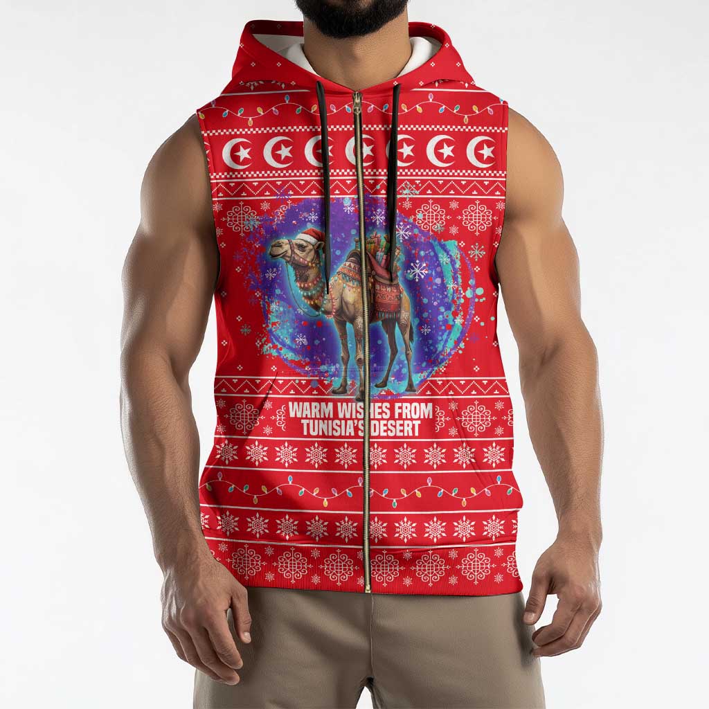 Tunisia Christmas Sleeveless Zip Hoodie with Desert Camel Crescent Snowflake Pattern and National Emblem - Wonder Print Shop