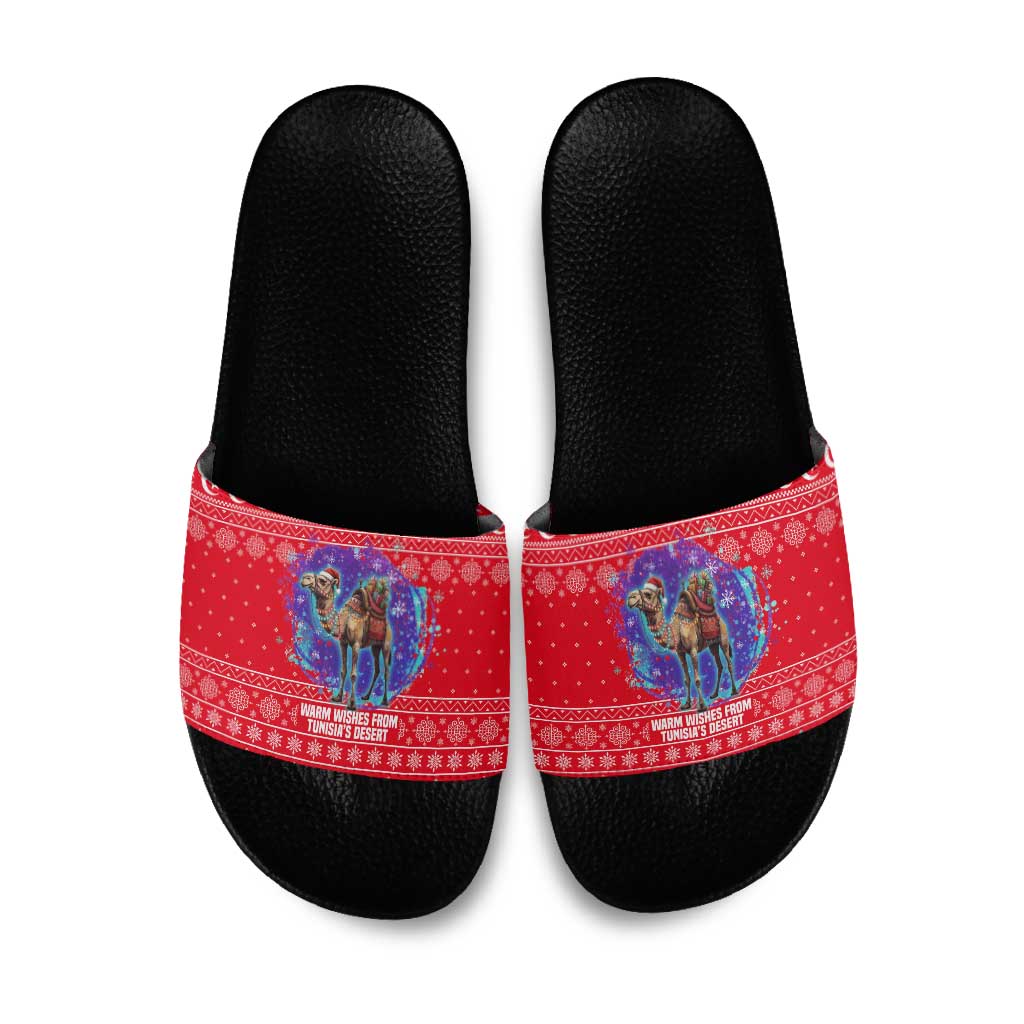 Tunisia Christmas Slide Sandals with Desert Camel Crescent Snowflake Pattern and National Emblem - Wonder Print Shop