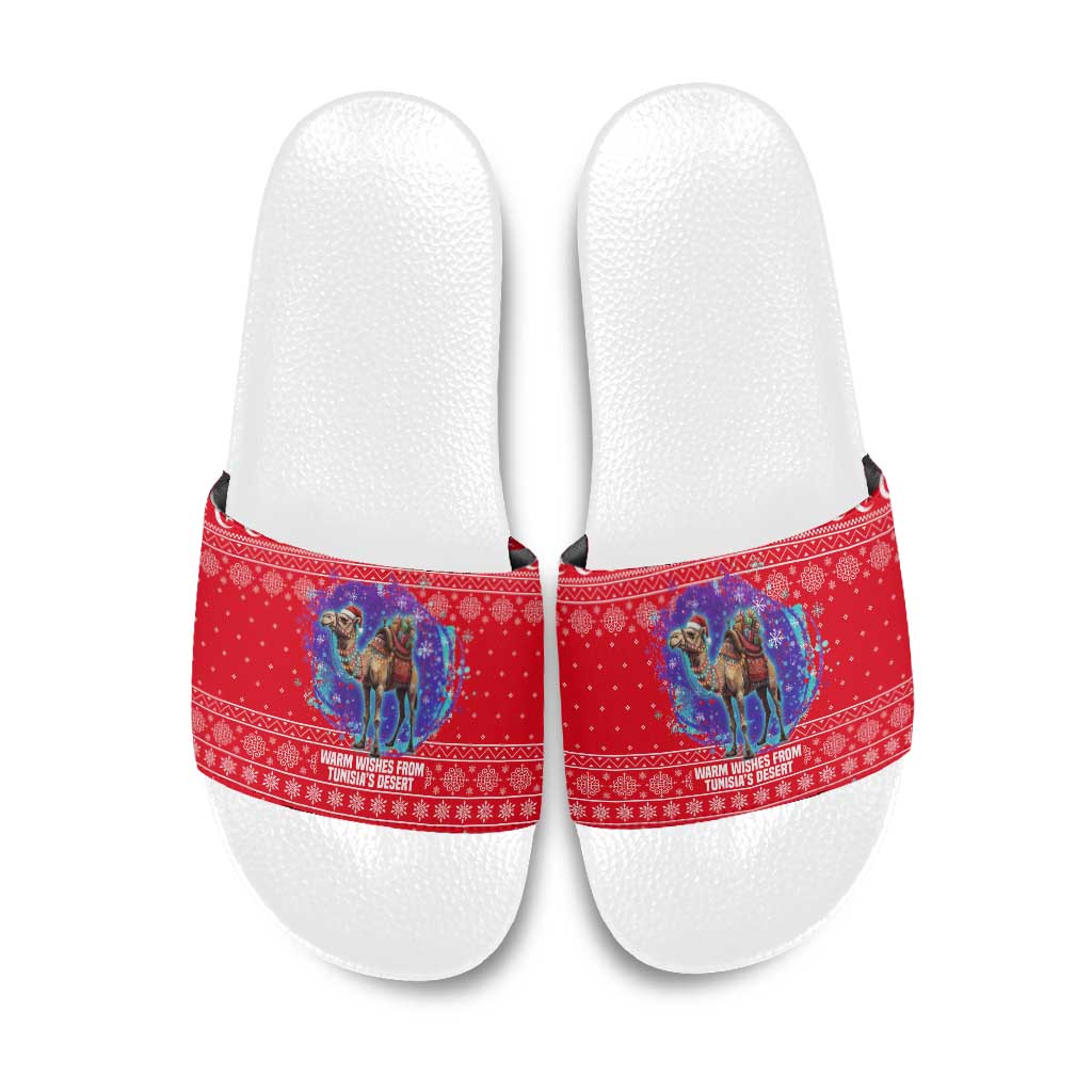 Tunisia Christmas Slide Sandals with Desert Camel Crescent Snowflake Pattern and National Emblem - Wonder Print Shop