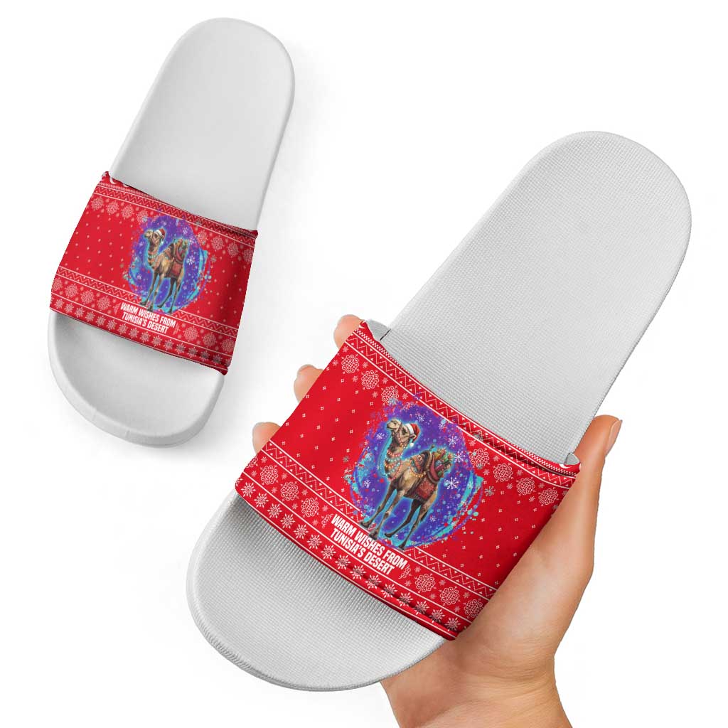 Tunisia Christmas Slide Sandals with Desert Camel Crescent Snowflake Pattern and National Emblem - Wonder Print Shop