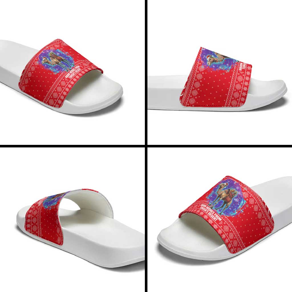 Tunisia Christmas Slide Sandals with Desert Camel Crescent Snowflake Pattern and National Emblem - Wonder Print Shop