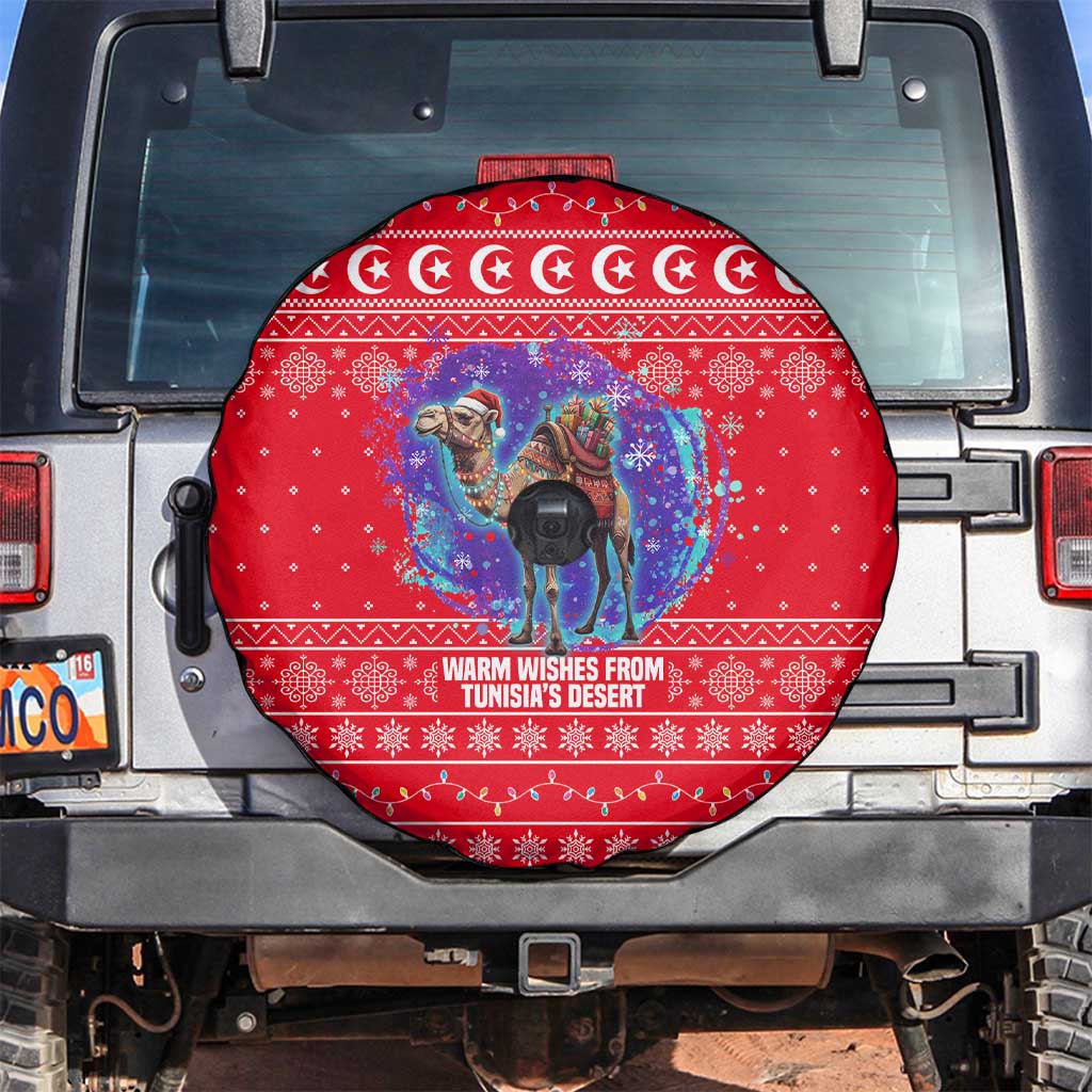 Tunisia Christmas Spare Tire Cover with Desert Camel Crescent Snowflake Pattern and National Emblem - Wonder Print Shop