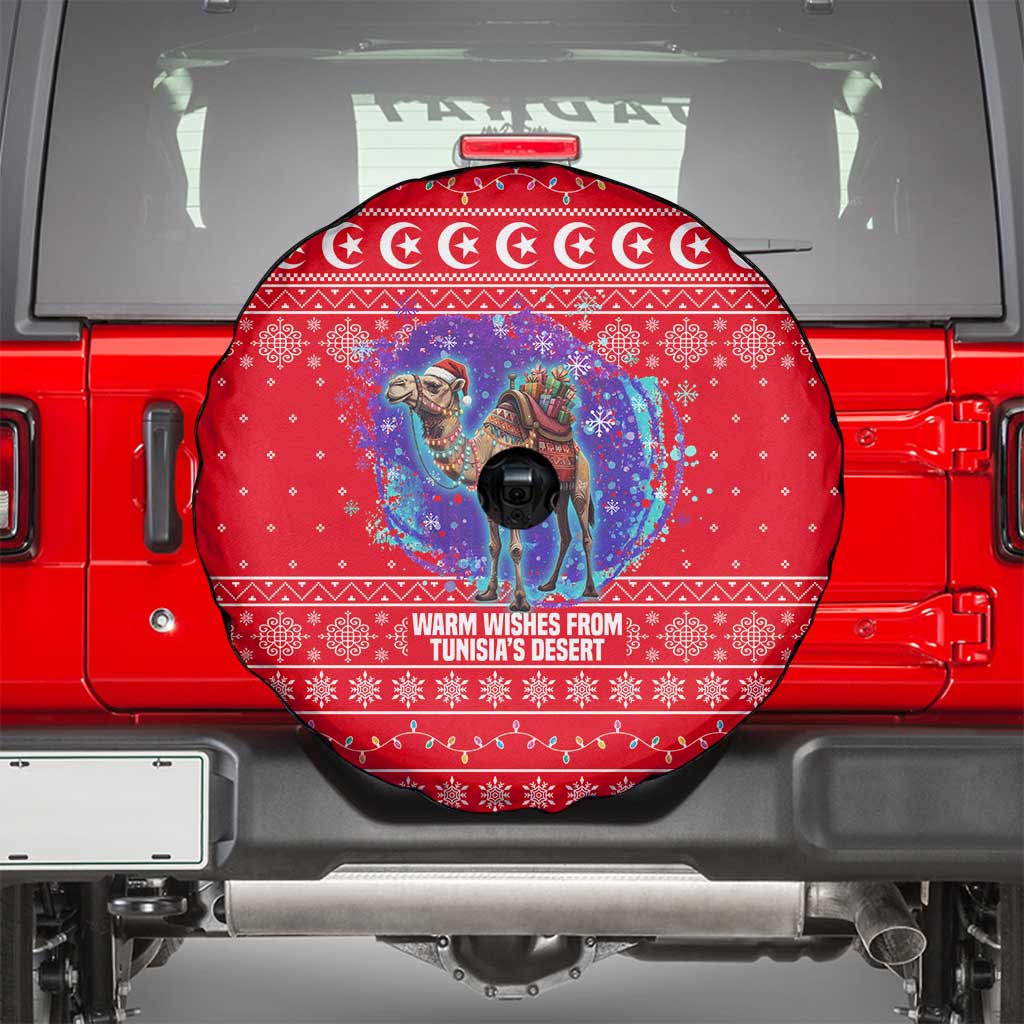 Tunisia Christmas Spare Tire Cover with Desert Camel Crescent Snowflake Pattern and National Emblem - Wonder Print Shop