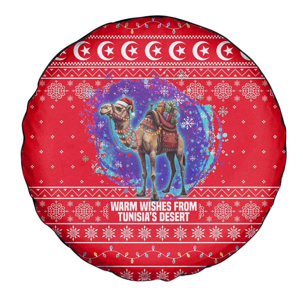Tunisia Christmas Spare Tire Cover with Desert Camel Crescent Snowflake Pattern and National Emblem - Wonder Print Shop