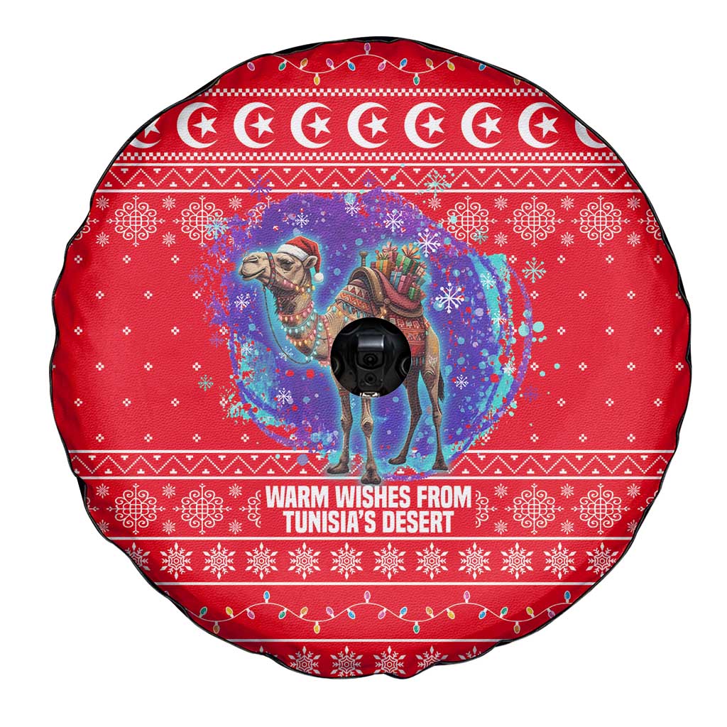 Tunisia Christmas Spare Tire Cover with Desert Camel Crescent Snowflake Pattern and National Emblem - Wonder Print Shop