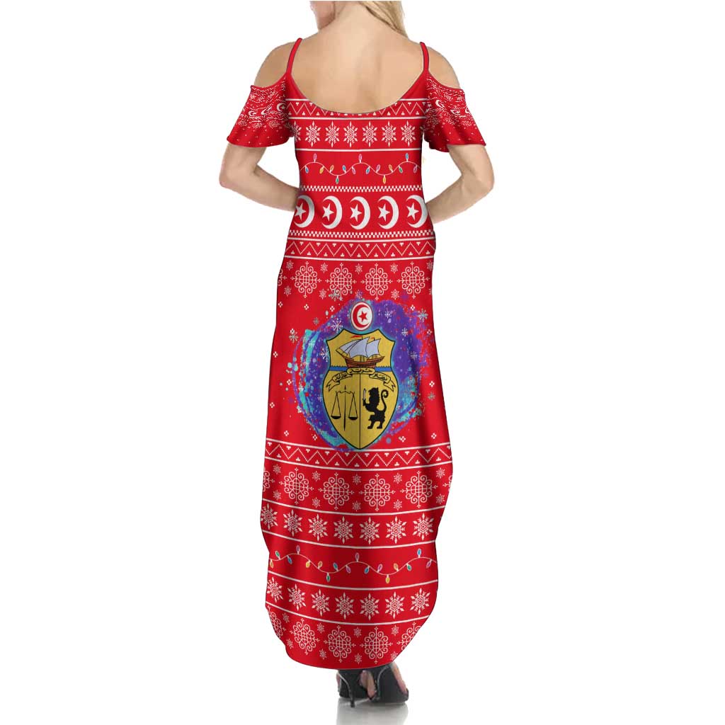 Tunisia Christmas Summer Maxi Dress with Desert Camel Crescent Snowflake Pattern and National Emblem - Wonder Print Shop