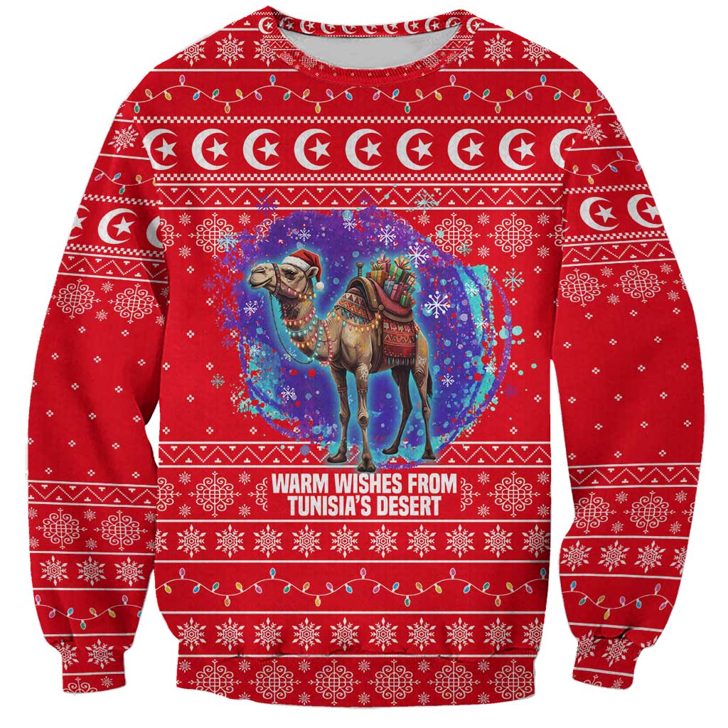 Tunisia Christmas Sweatshirt with Desert Camel Crescent Snowflake Pattern and National Emblem - Wonder Print Shop