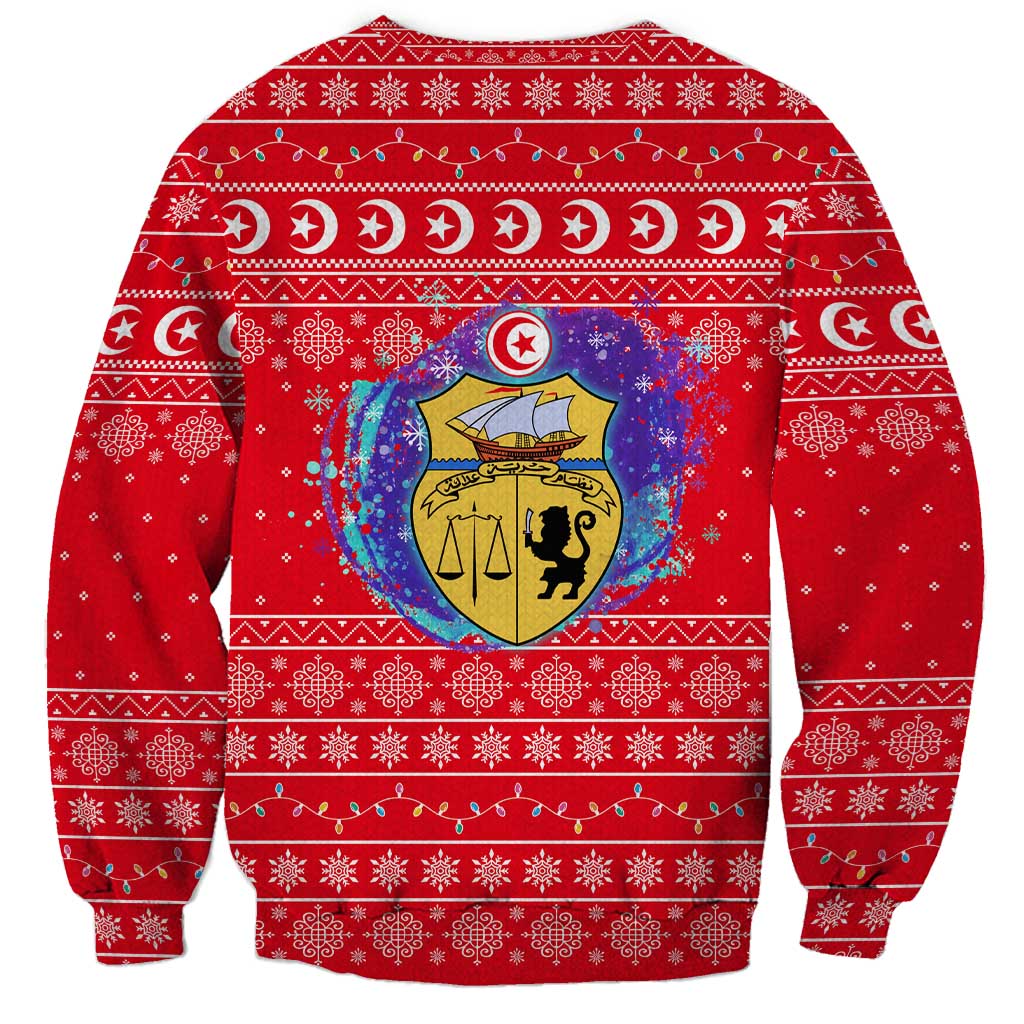 Tunisia Christmas Sweatshirt with Desert Camel Crescent Snowflake Pattern and National Emblem - Wonder Print Shop