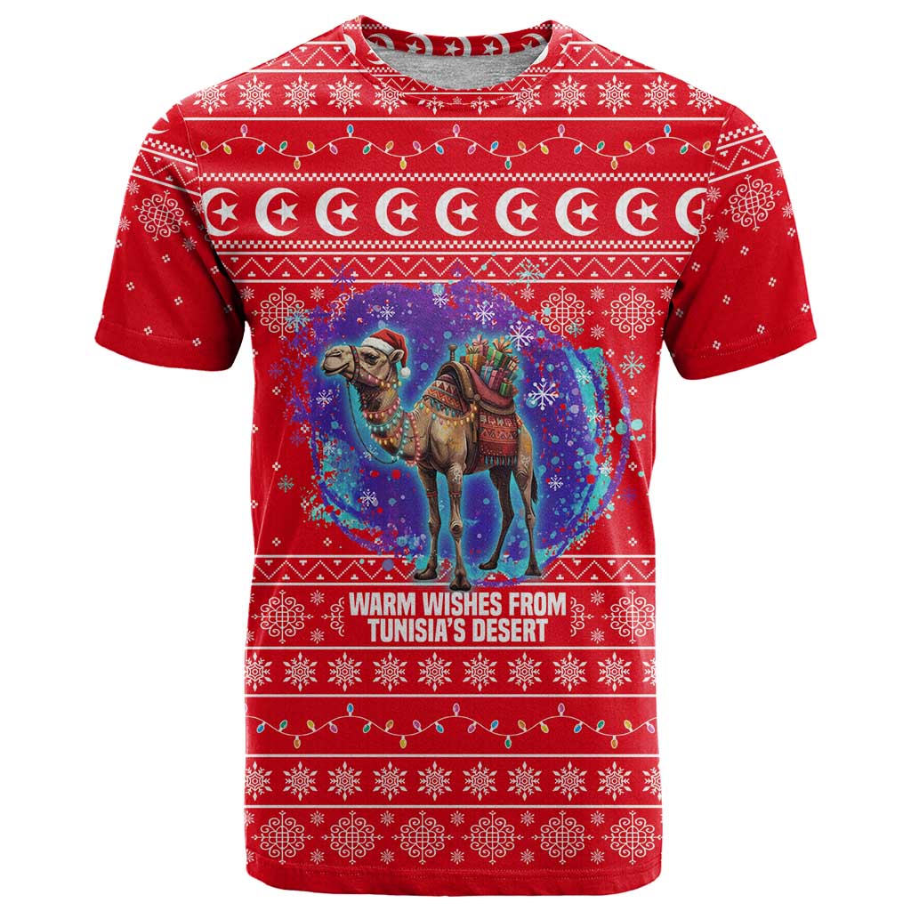 Tunisia Christmas T Shirt with Desert Camel Crescent Snowflake Pattern and National Emblem - Wonder Print Shop