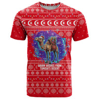 Tunisia Christmas T Shirt with Desert Camel Crescent Snowflake Pattern and National Emblem - Wonder Print Shop