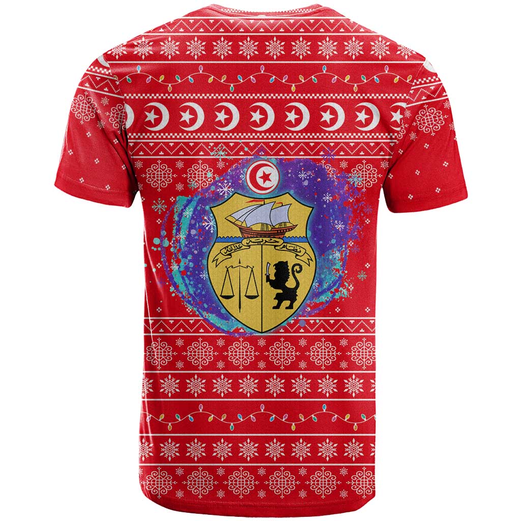 Tunisia Christmas T Shirt with Desert Camel Crescent Snowflake Pattern and National Emblem - Wonder Print Shop