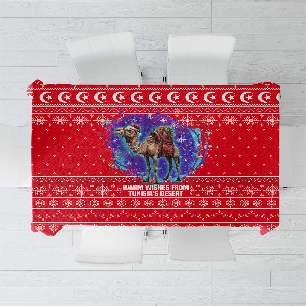 Tunisia Christmas Tablecloth with Desert Camel Crescent Snowflake Pattern and National Emblem - Wonder Print Shop