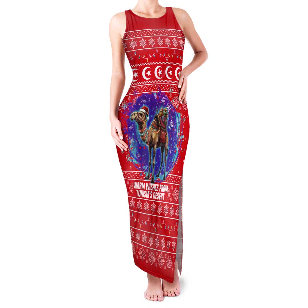 Tunisia Christmas Tank Maxi Dress with Desert Camel Crescent Snowflake Pattern and National Emblem - Wonder Print Shop