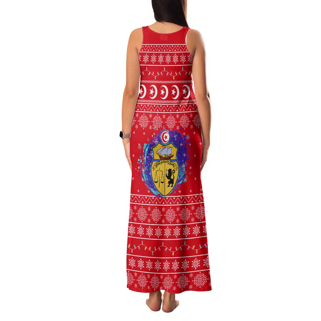 Tunisia Christmas Tank Maxi Dress with Desert Camel Crescent Snowflake Pattern and National Emblem - Wonder Print Shop