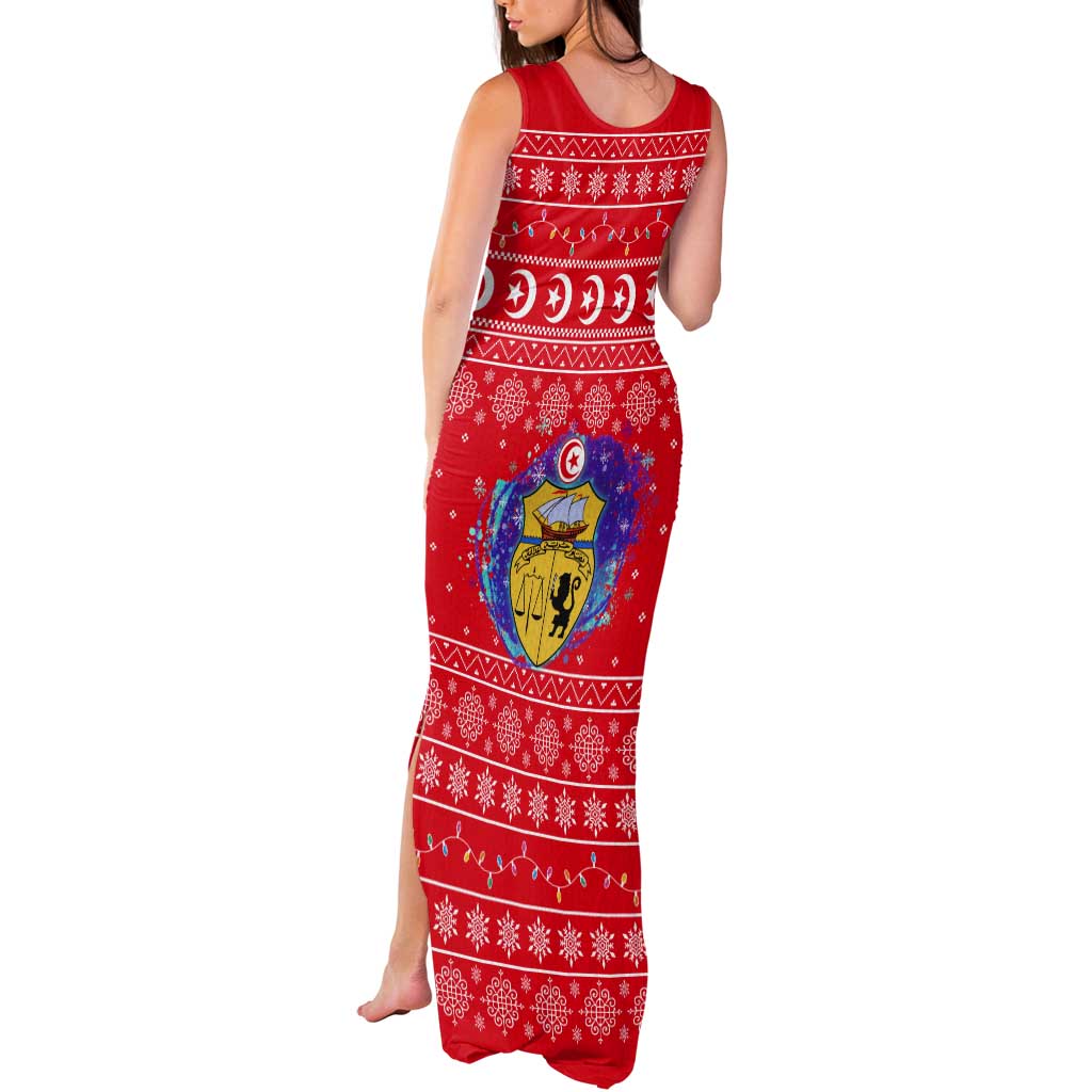 Tunisia Christmas Tank Maxi Dress with Desert Camel Crescent Snowflake Pattern and National Emblem - Wonder Print Shop