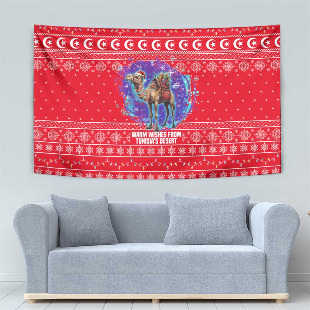 Tunisia Christmas Tapestry with Desert Camel Crescent Snowflake Pattern and National Emblem - Wonder Print Shop