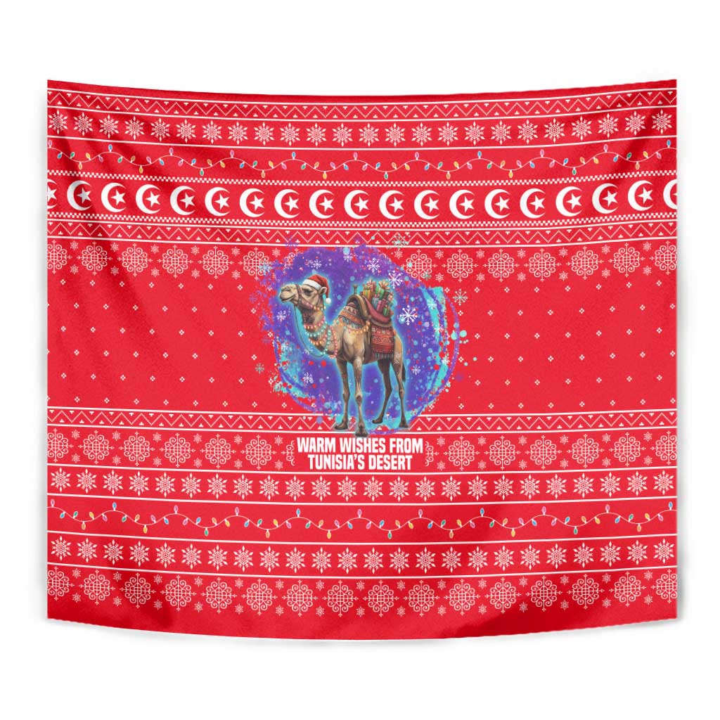 Tunisia Christmas Tapestry with Desert Camel Crescent Snowflake Pattern and National Emblem - Wonder Print Shop
