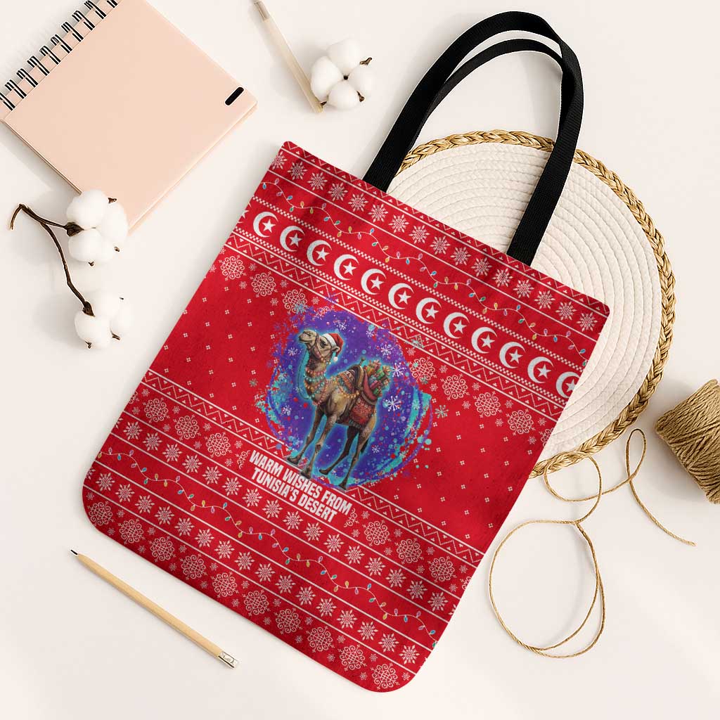 Tunisia Christmas Tote Bag with Desert Camel Crescent Snowflake Pattern and National Emblem - Wonder Print Shop