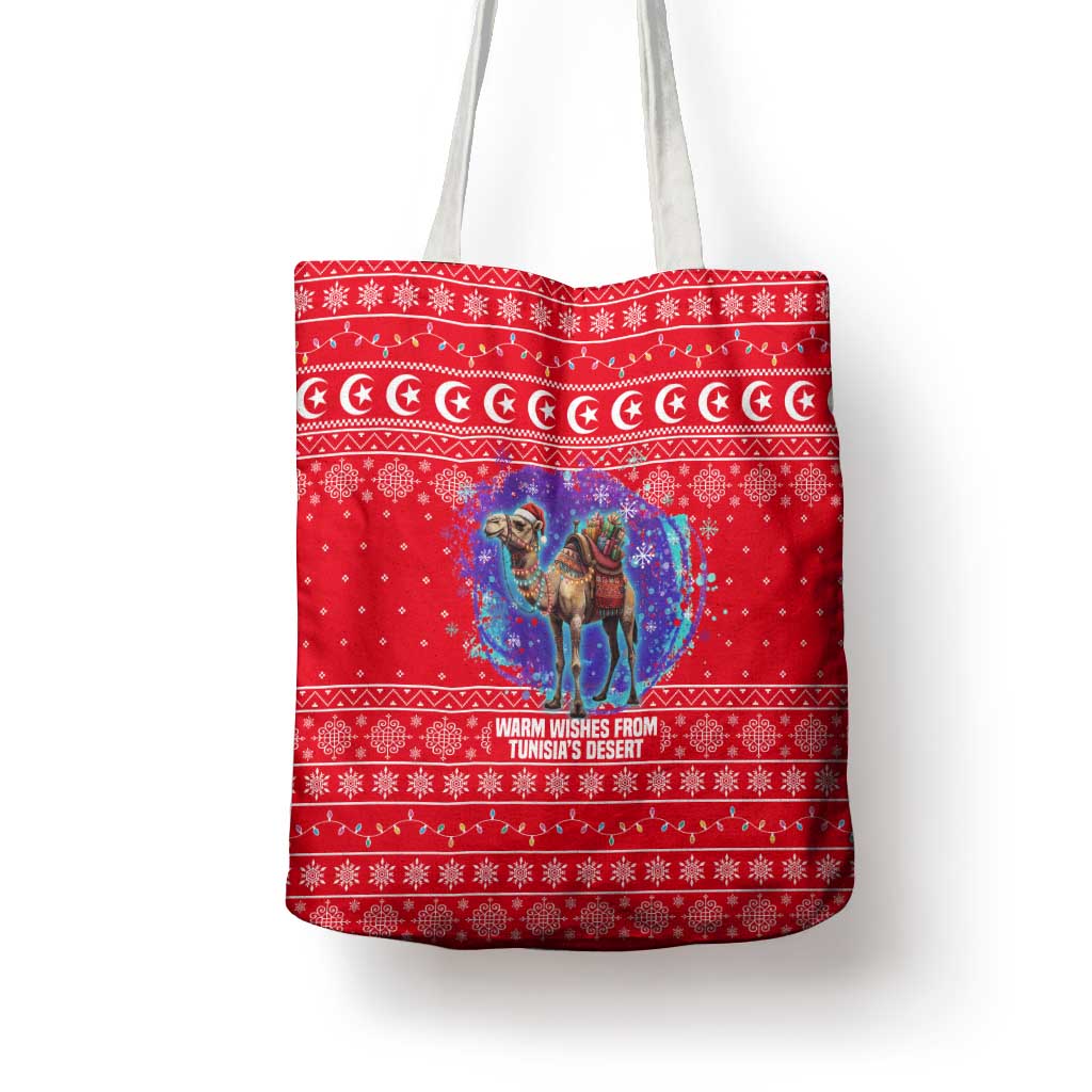 Tunisia Christmas Tote Bag with Desert Camel Crescent Snowflake Pattern and National Emblem - Wonder Print Shop