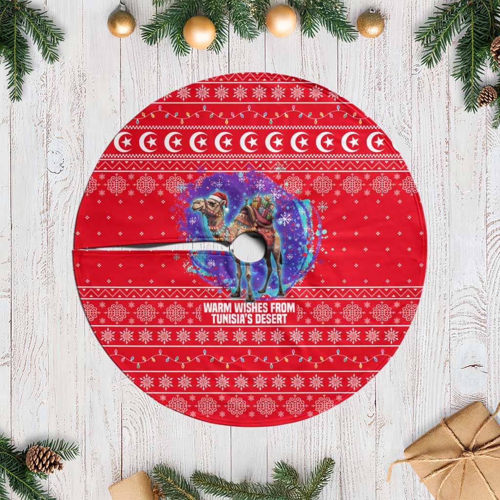 Tunisia Christmas Tree Skirt with Desert Camel Crescent Snowflake Pattern and National Emblem - Wonder Print Shop