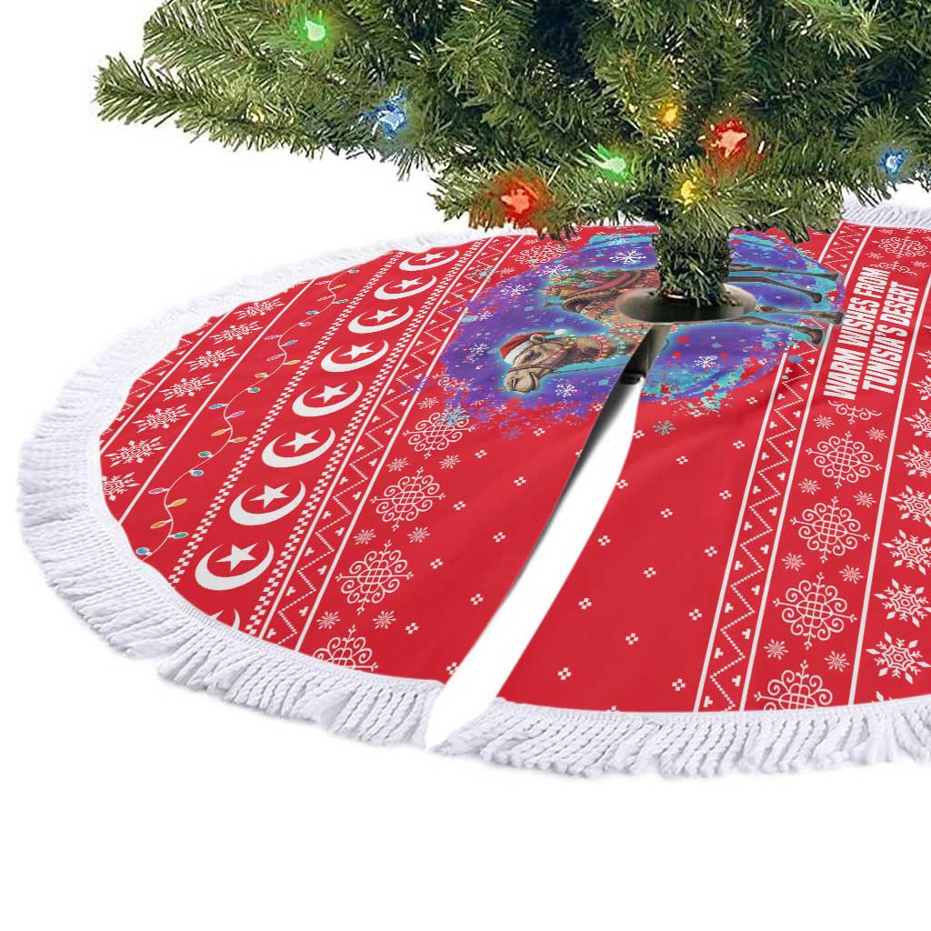 Tunisia Christmas Tree Skirt with Desert Camel Crescent Snowflake Pattern and National Emblem - Wonder Print Shop