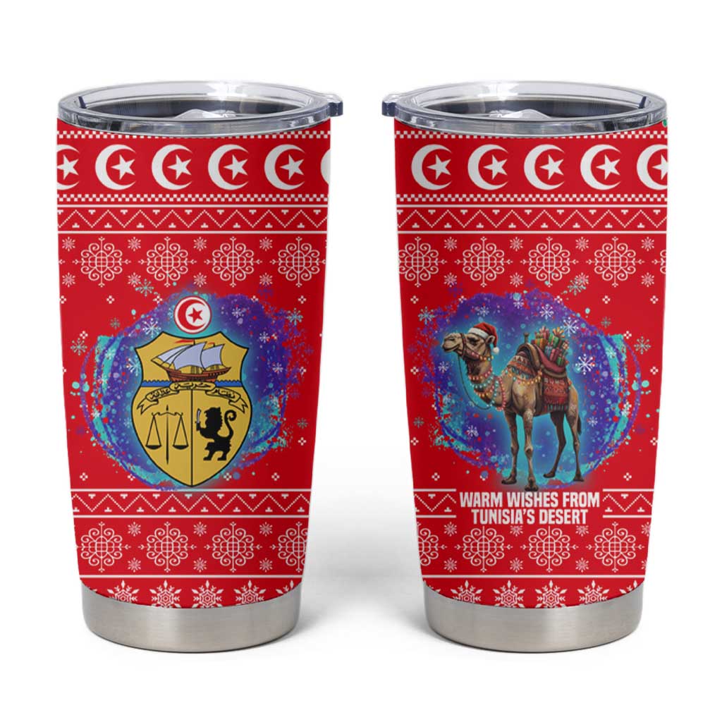 Tunisia Christmas Tumbler Cup with Desert Camel Crescent Snowflake Pattern and National Emblem - Wonder Print Shop