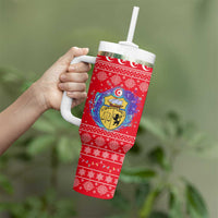 Tunisia Christmas Tumbler With Handle with Desert Camel Crescent Snowflake Pattern and National Emblem - Wonder Print Shop