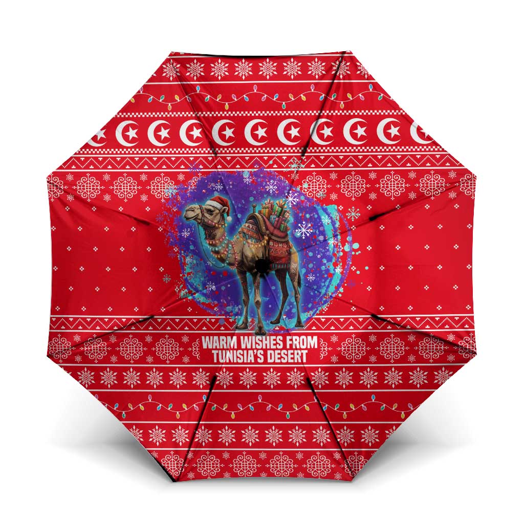 Tunisia Christmas Umbrella with Desert Camel Crescent Snowflake Pattern and National Emblem - Wonder Print Shop