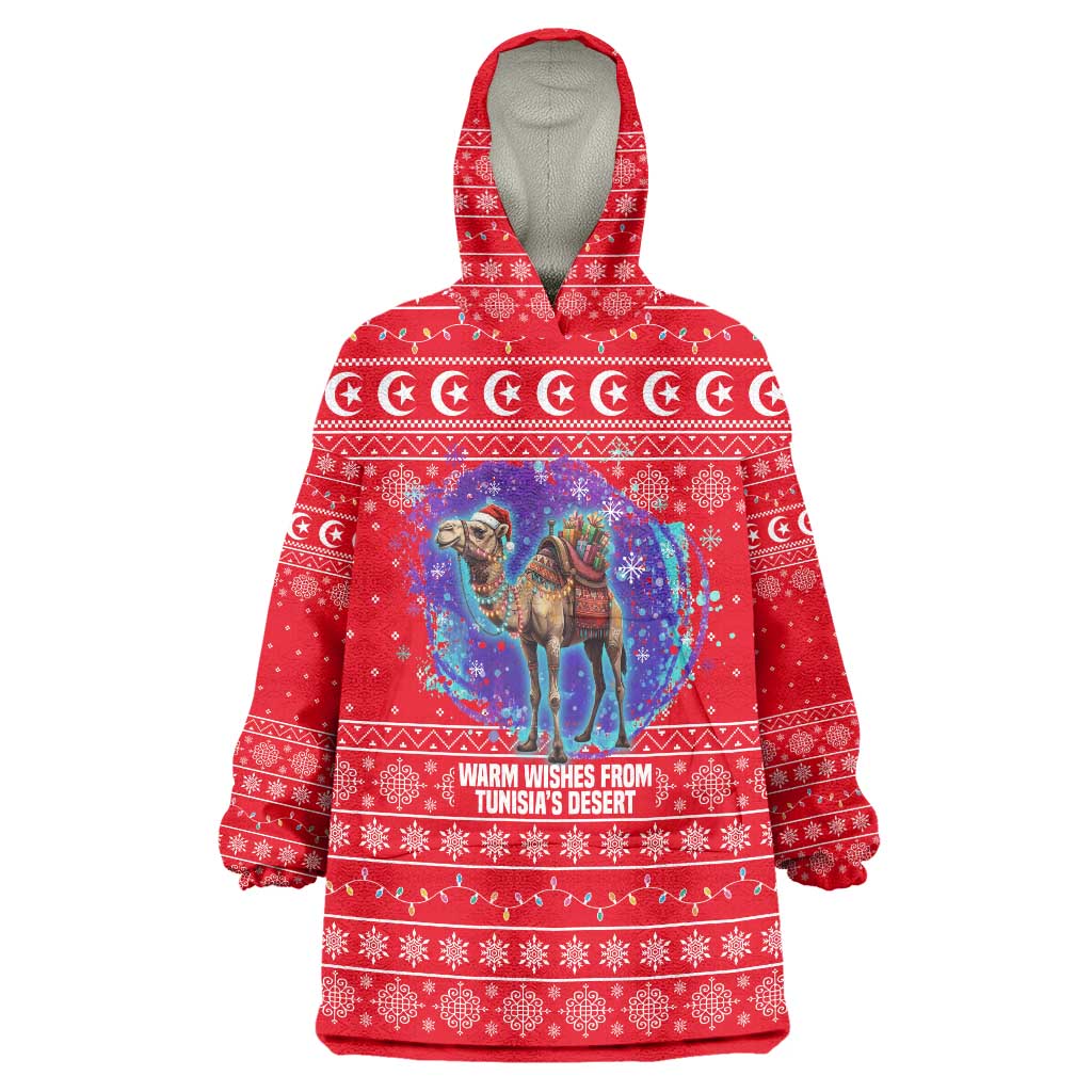 Tunisia Christmas Wearable Blanket Hoodie with Desert Camel Crescent Snowflake Pattern and National Emblem - Wonder Print Shop