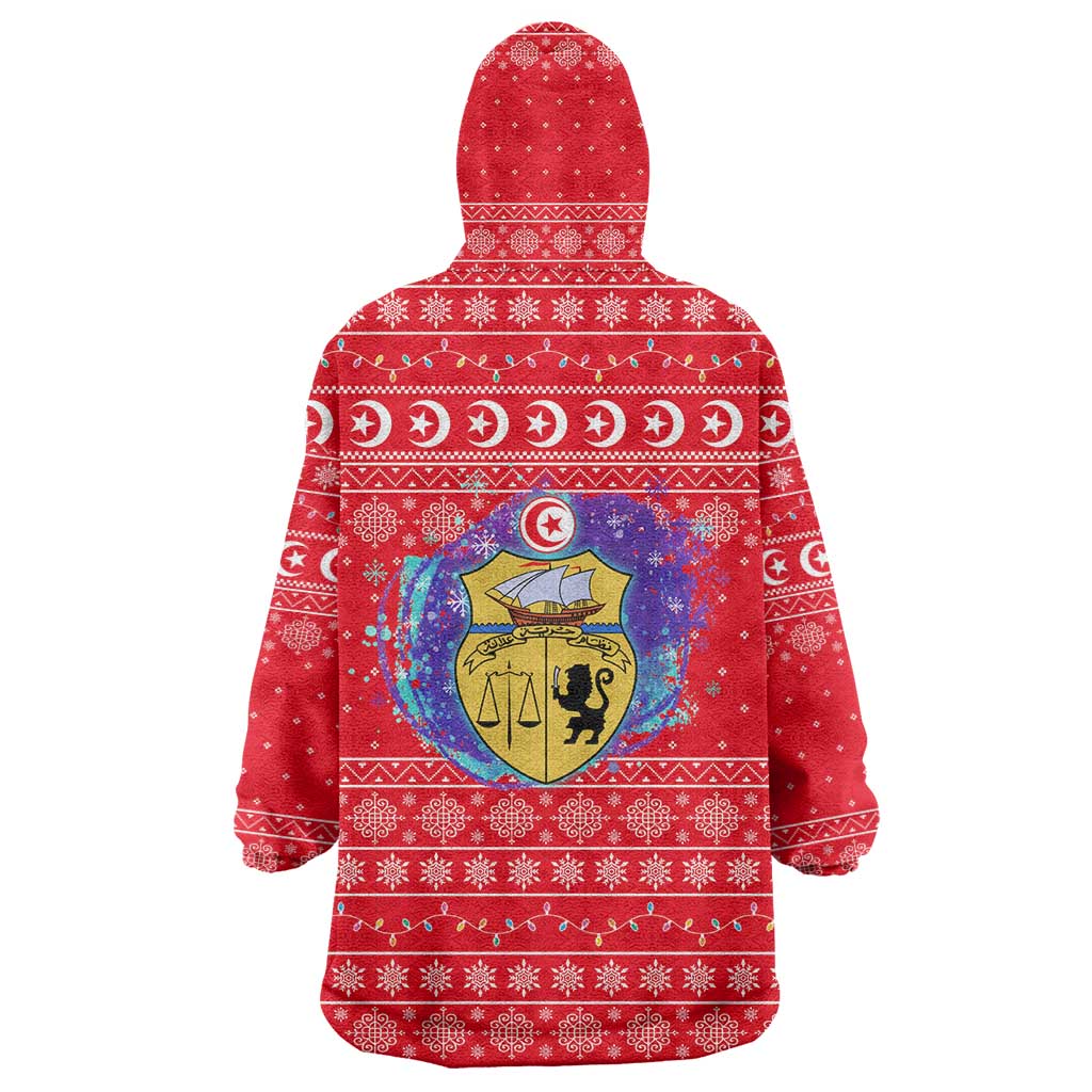 Tunisia Christmas Wearable Blanket Hoodie with Desert Camel Crescent Snowflake Pattern and National Emblem - Wonder Print Shop