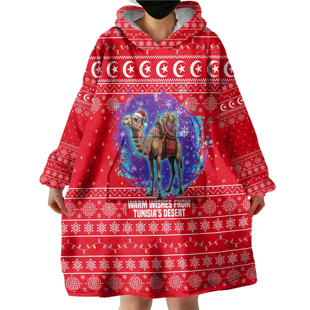 Tunisia Christmas Wearable Blanket Hoodie with Desert Camel Crescent Snowflake Pattern and National Emblem - Wonder Print Shop