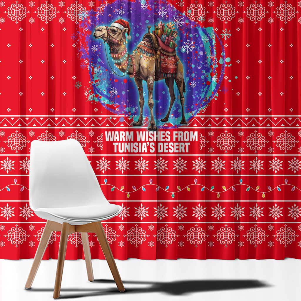 Tunisia Christmas Window Curtain with Desert Camel Crescent Snowflake Pattern and National Emblem - Wonder Print Shop