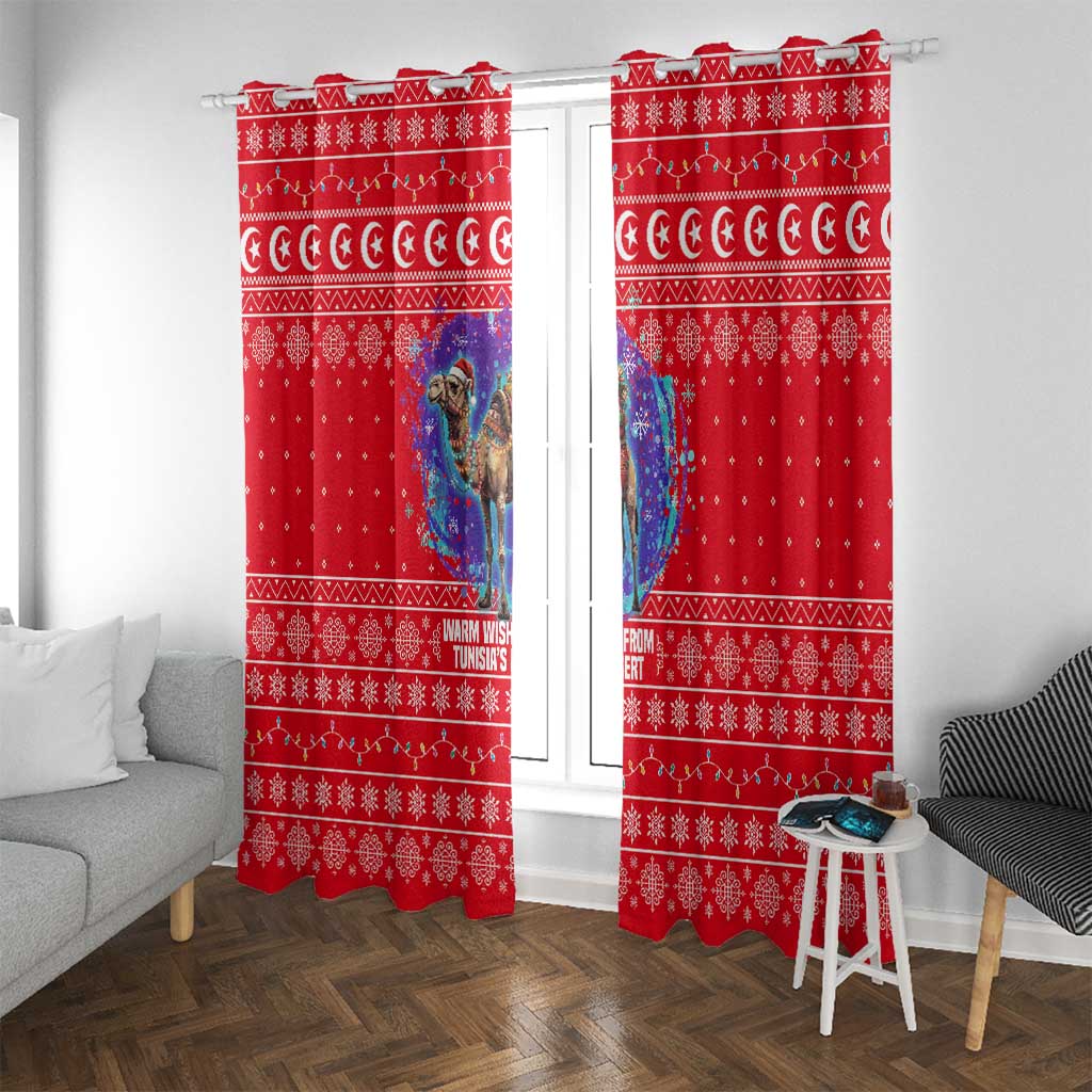 Tunisia Christmas Window Curtain with Desert Camel Crescent Snowflake Pattern and National Emblem - Wonder Print Shop