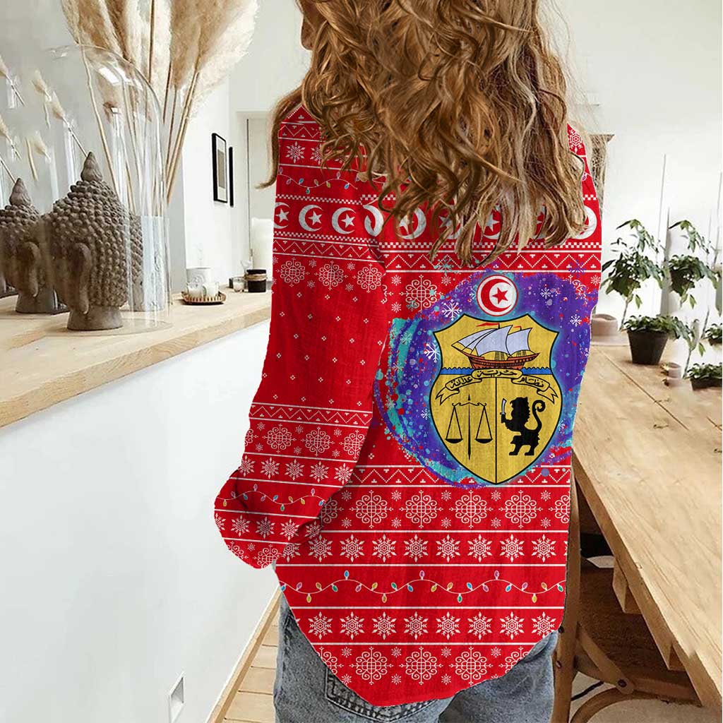 Tunisia Christmas Women Casual Shirt with Desert Camel Crescent Snowflake Pattern and National Emblem - Wonder Print Shop