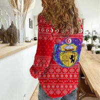 Tunisia Christmas Women Casual Shirt with Desert Camel Crescent Snowflake Pattern and National Emblem - Wonder Print Shop