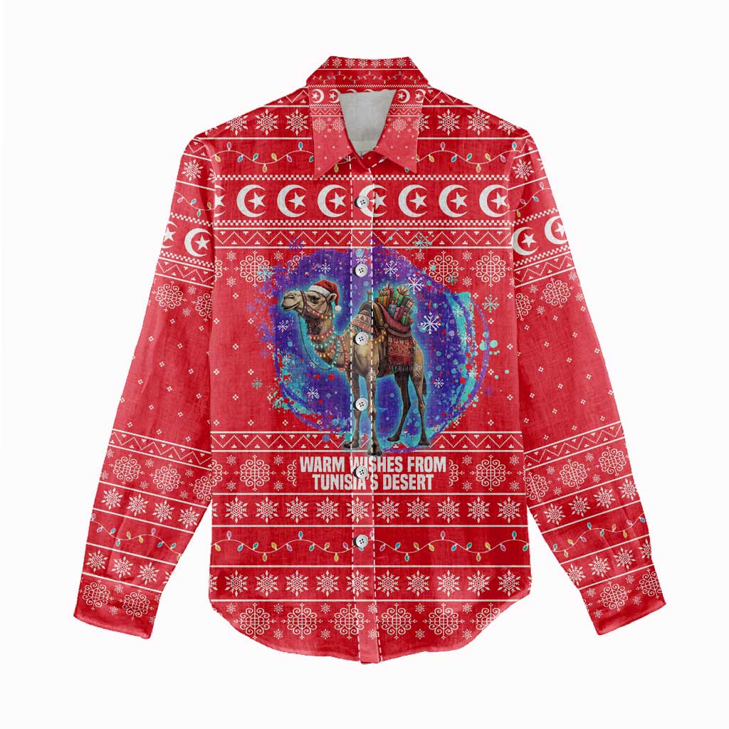 Tunisia Christmas Women Casual Shirt with Desert Camel Crescent Snowflake Pattern and National Emblem - Wonder Print Shop
