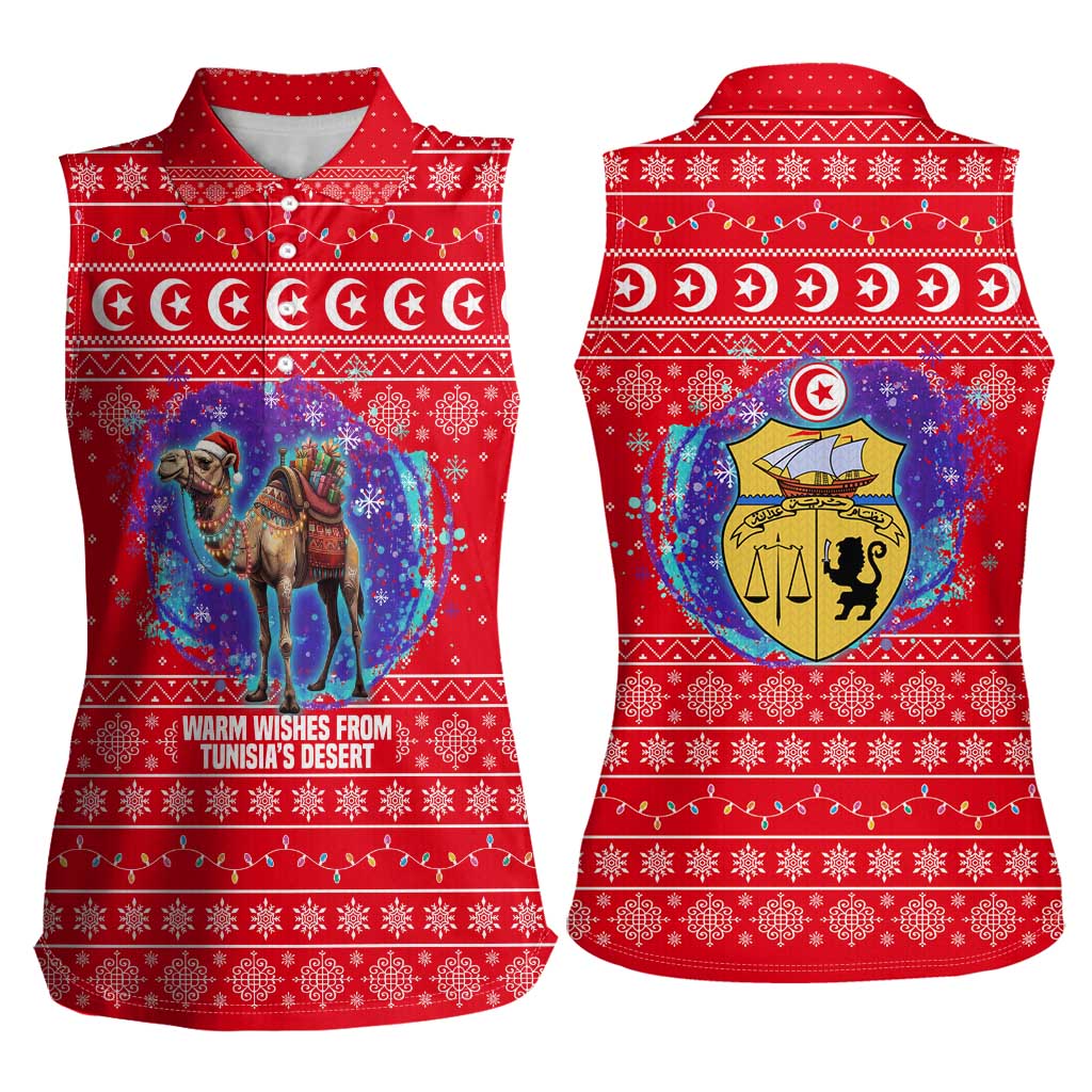 Tunisia Christmas Women Sleeveless Polo Shirt with Desert Camel Crescent Snowflake Pattern and National Emblem - Wonder Print Shop