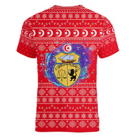 Tunisia Christmas Women V-Neck T-Shirt with Desert Camel Crescent Snowflake Pattern and National Emblem - Wonder Print Shop