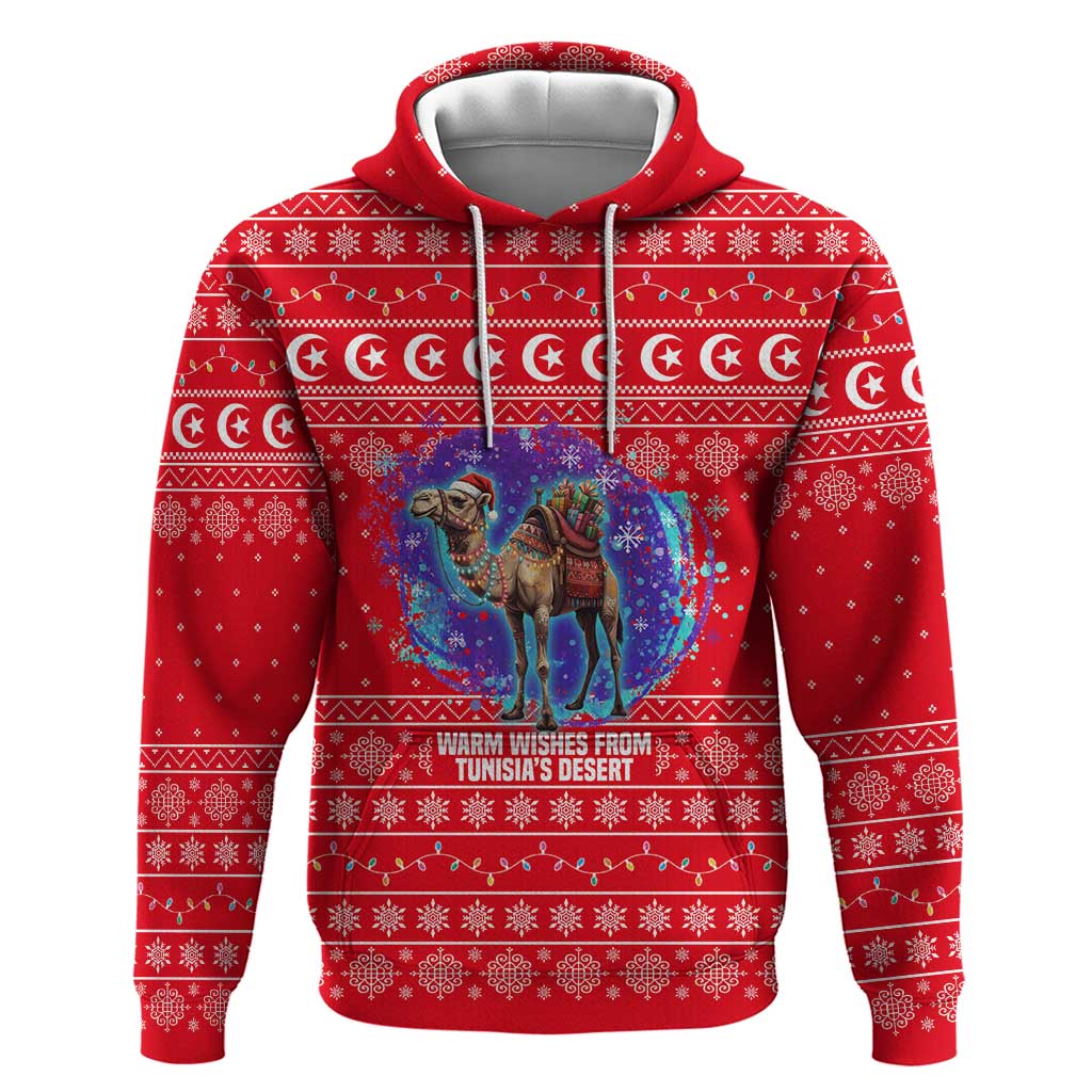 Tunisia Christmas Zip Hoodie with Desert Camel Crescent Snowflake Pattern and National Emblem - Wonder Print Shop