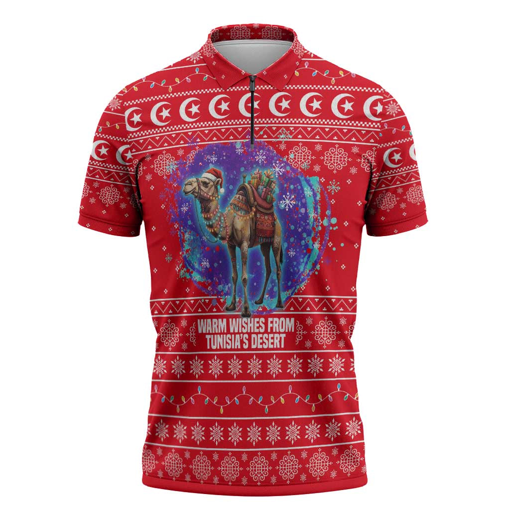 Tunisia Christmas Zipper Polo Shirt with Desert Camel Crescent Snowflake Pattern and National Emblem - Wonder Print Shop