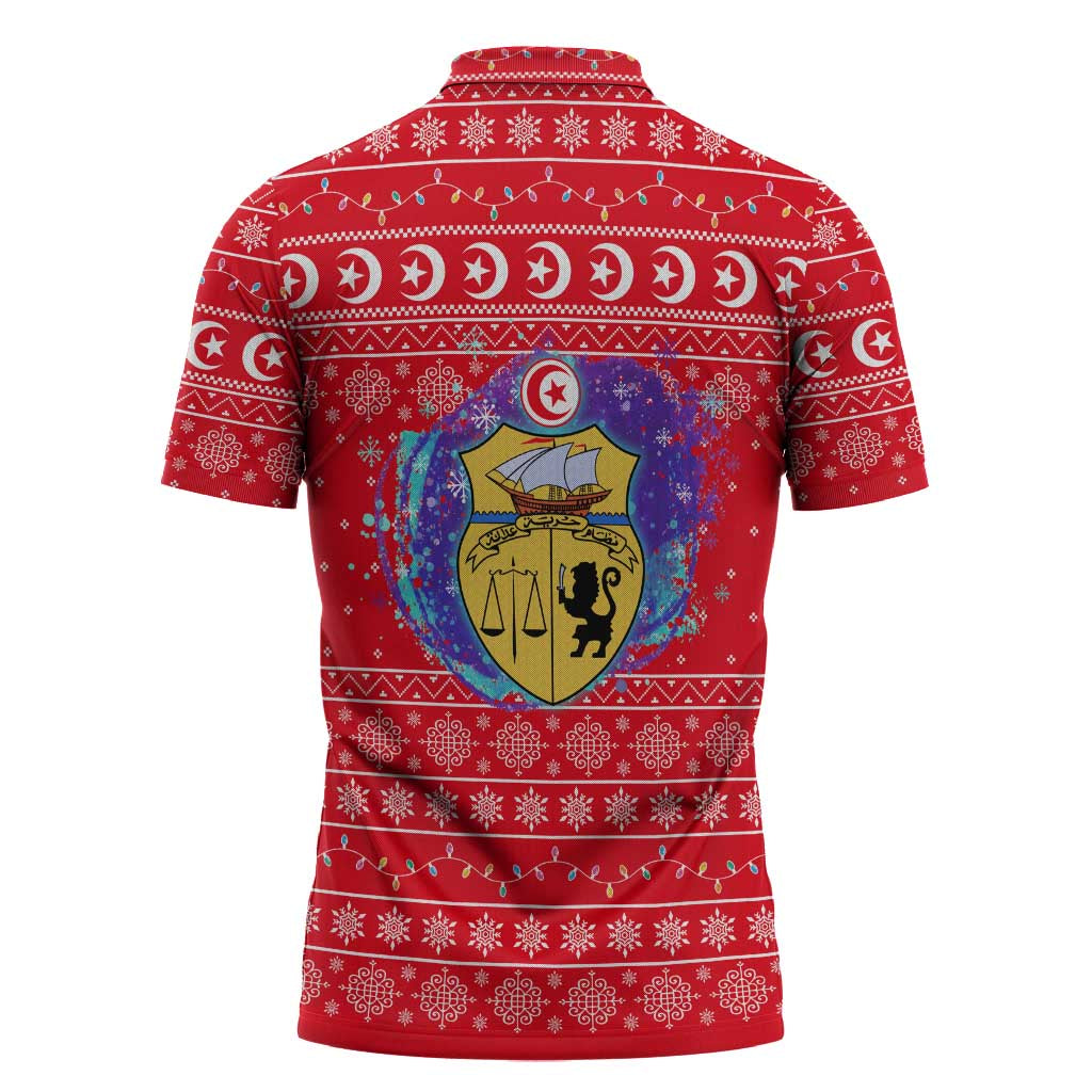 Tunisia Christmas Zipper Polo Shirt with Desert Camel Crescent Snowflake Pattern and National Emblem - Wonder Print Shop