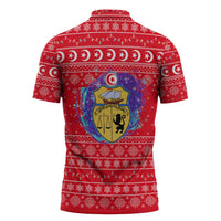 Tunisia Christmas Zipper Polo Shirt with Desert Camel Crescent Snowflake Pattern and National Emblem - Wonder Print Shop